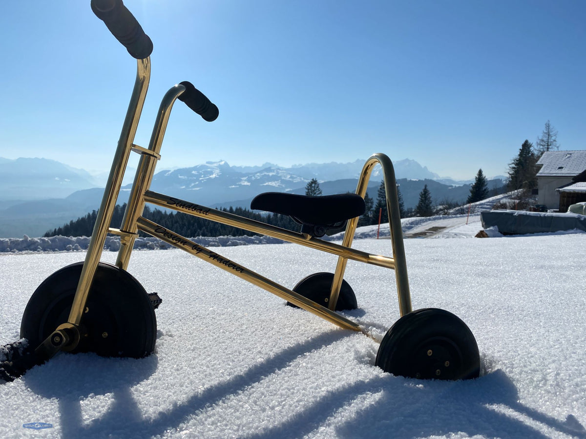 Sindbad – das goldene Wisa-Gloria-Dreirad im Schnee vor Alpenpanorama