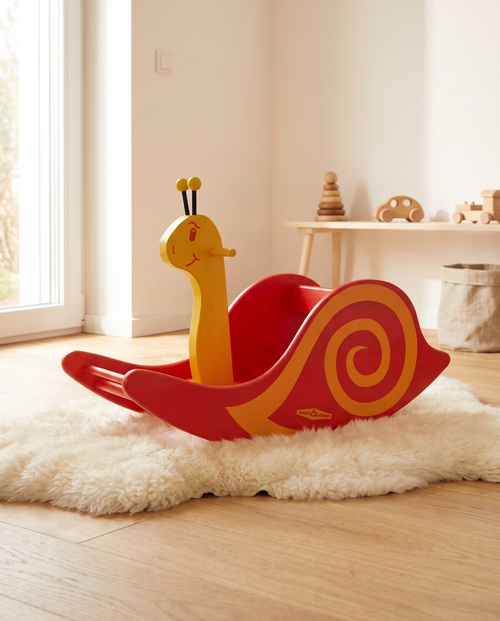 Schaukelschnecke Klassik Rot/Gelb im Kinderzimmer (KI-generiertes Stimmungsbild)